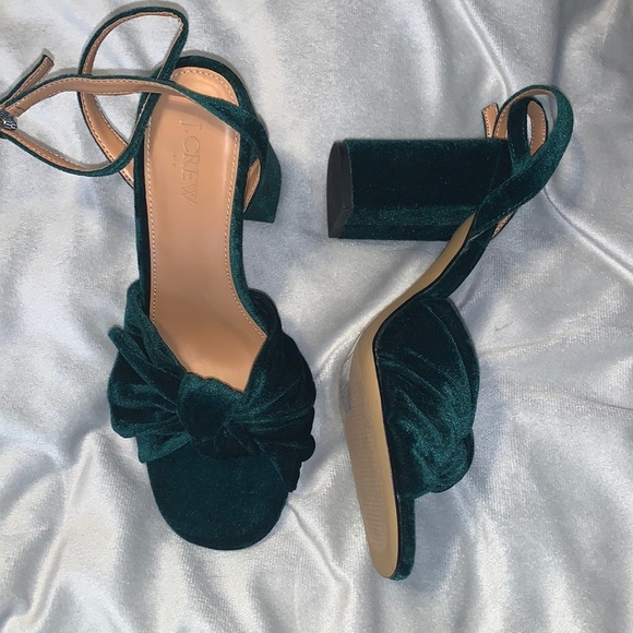 J crew size 9 block heel emerald green velvet knot ankle strap holiday BL574 - Picture 2 of 5